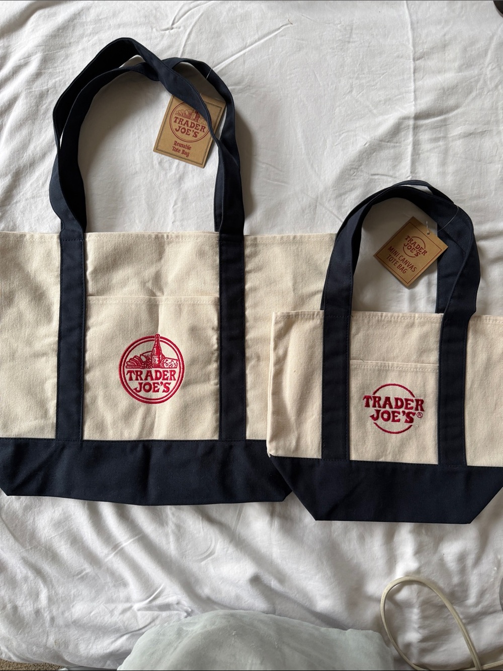 Trader Joes’s Large and Mini Canvas Beige Tote with Navy Blue Trim - Classic Log